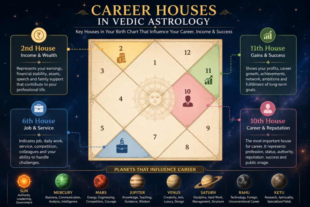 Career houses in Vedic astrology birth chart showing 2nd, 6th, 10th and 11th houses and career-influencing planets